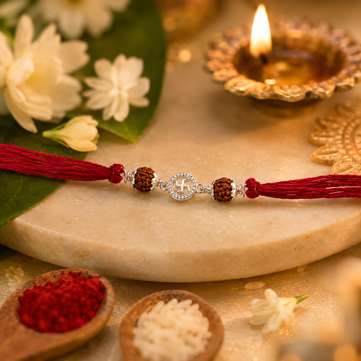 Silver Swastik rudraksha rakhi with red thread displayed on a festive setup with diya, kumkum, rice, and white flowers.