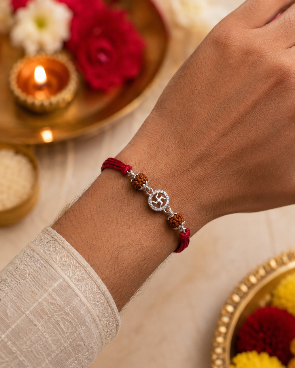 Silver Swastik rudraksha rakhi with red thread tied on a wrist, styled with a traditional pooja thali, diya, rice, and festive flowers.