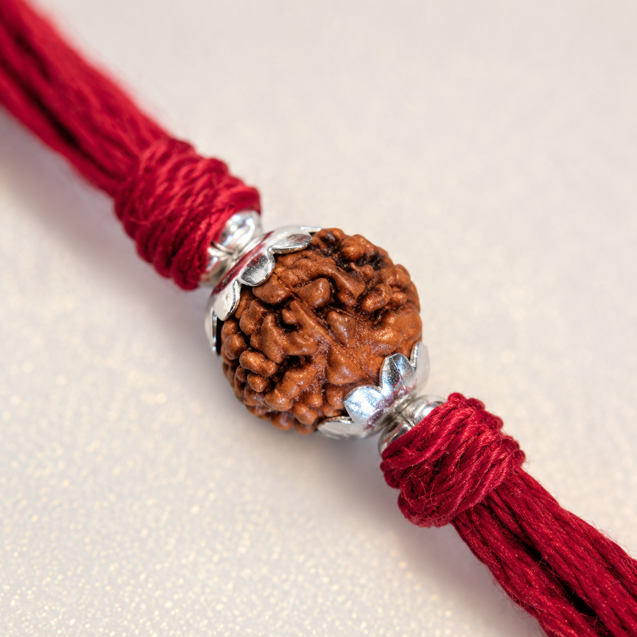 Close-up of a single rudraksha rakhi with silver accents and red thread on a soft neutral background.
