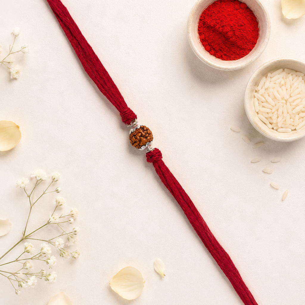Single rudraksha rakhi with silver accents and red thread displayed on a cream background with kumkum, rice, and white flowers.