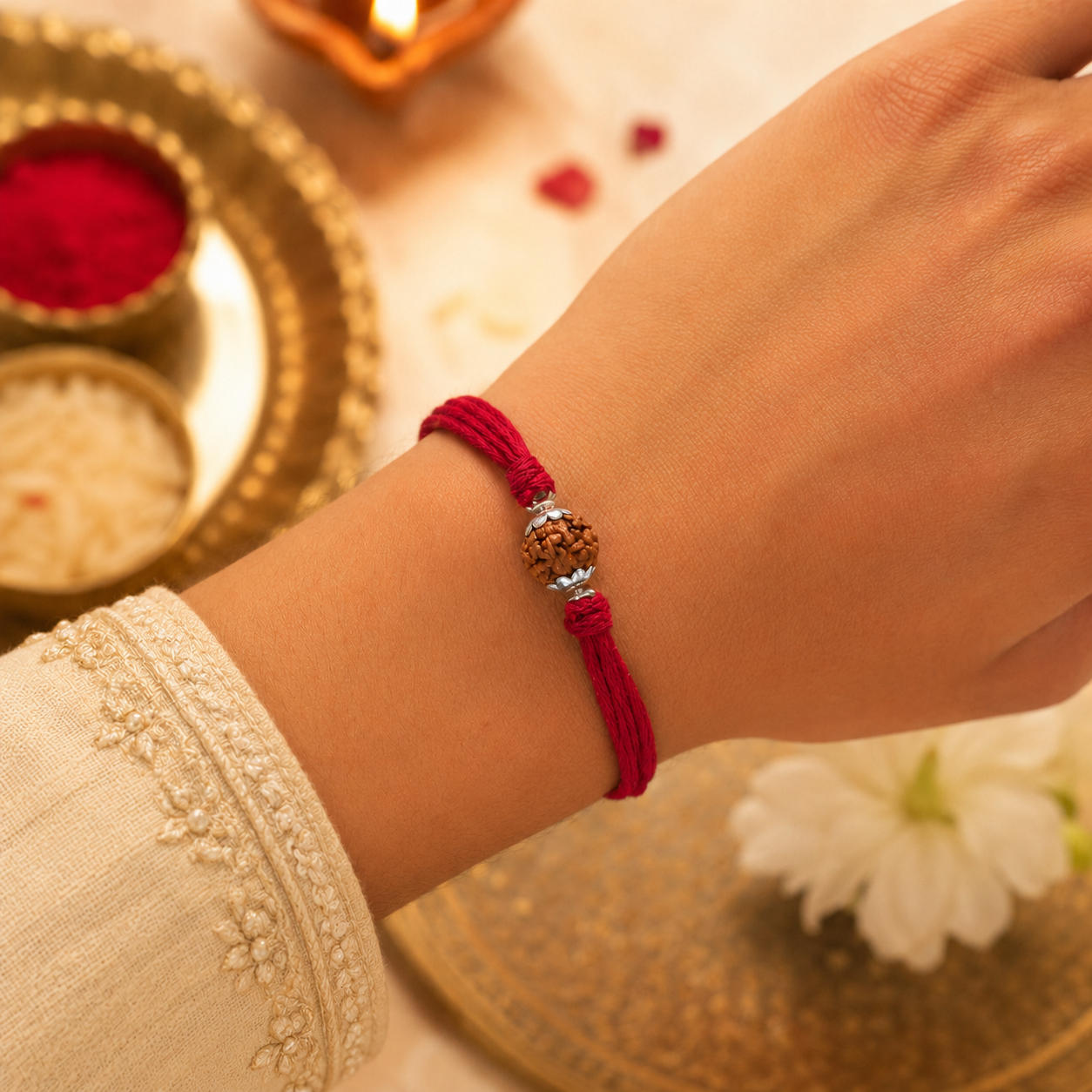 Single rudraksha rakhi with silver accents and red thread tied on a wrist, styled with a festive pooja thali, kumkum, rice, and flowers.