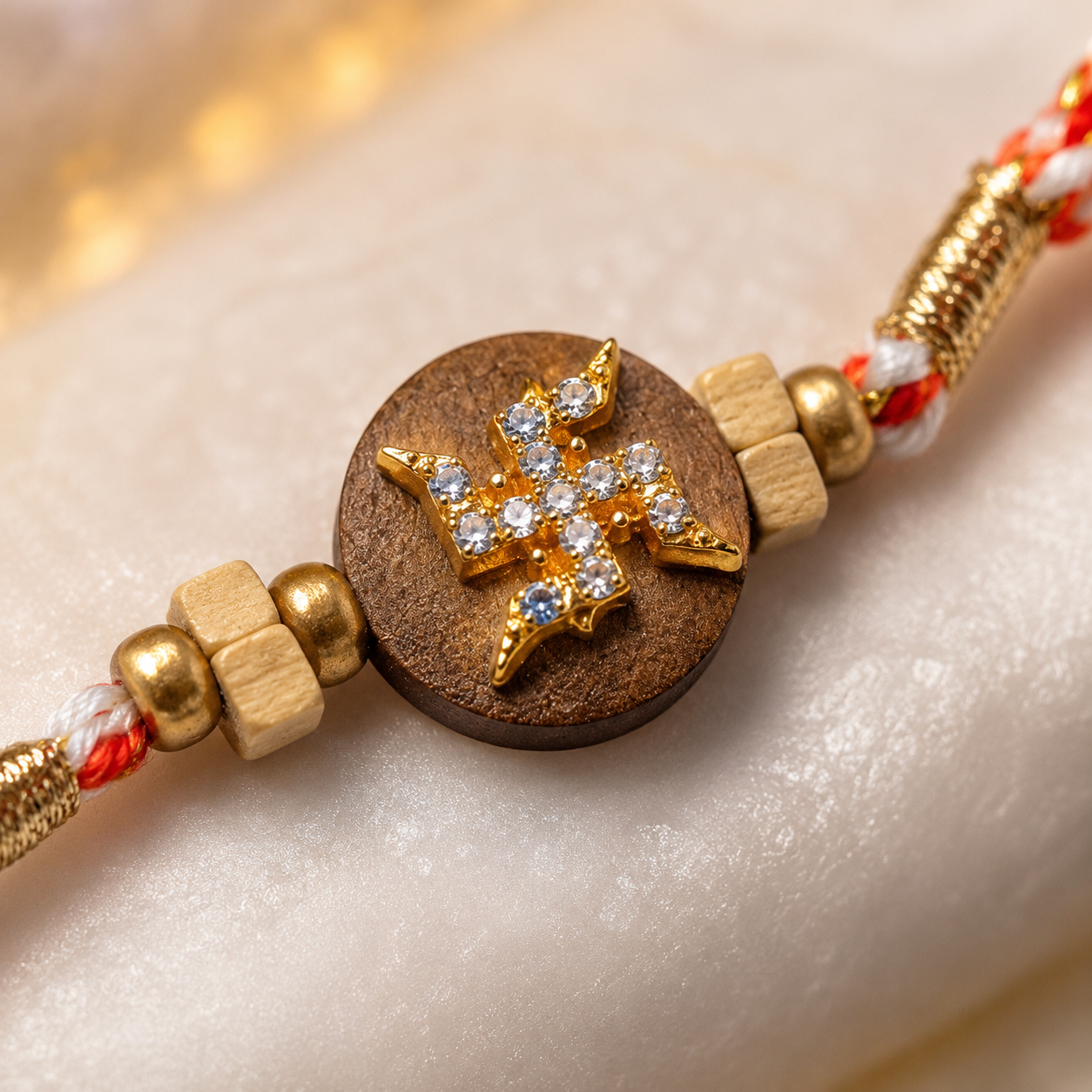 Close-up of Swastik wooden rakhi pendant with gold stone detailing, wooden beads, gold accents, and red braided thread.