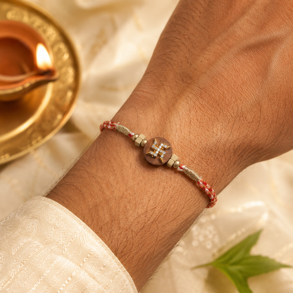 Swastik wooden rakhi tied on a male wrist with red braided thread, gold beads, wooden charm, and festive diya background.
