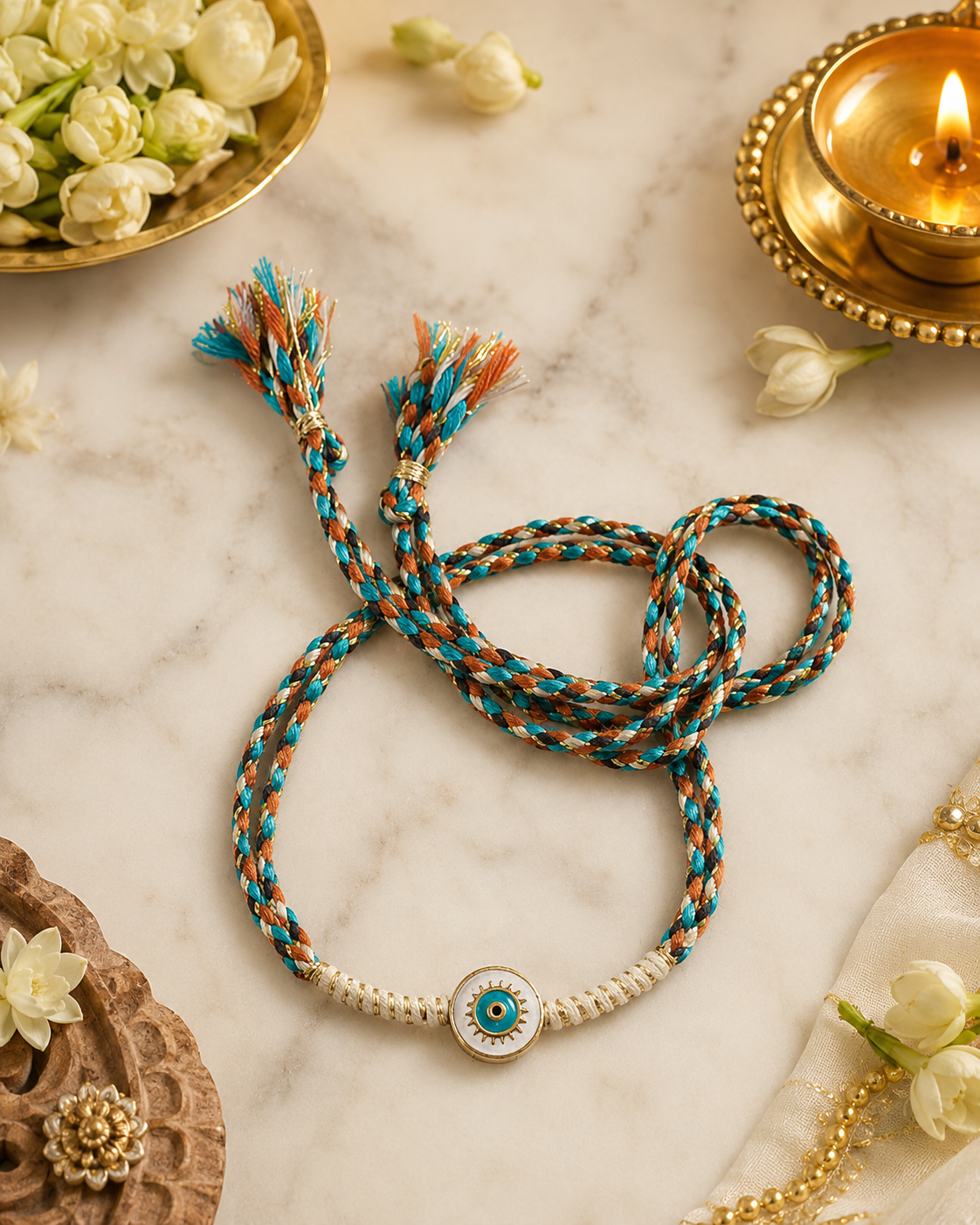 Turquoise and gold braided evil eye rakhi with tassel ends displayed on a white marble background with diya, flowers, and festive decor.