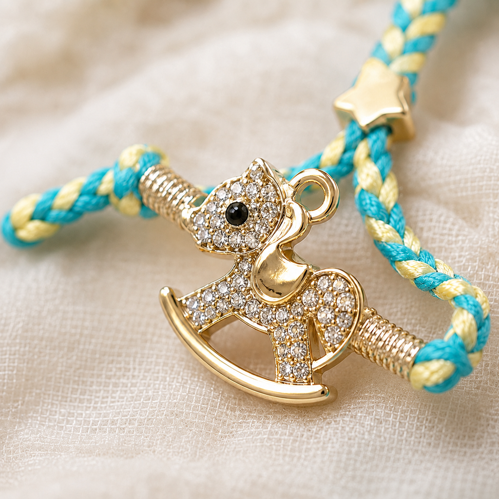 Close-up of a turquoise and yellow braided baby rakhi with gold rocking horse charm, crystal detailing, and star accent on a soft cream fabric background.
