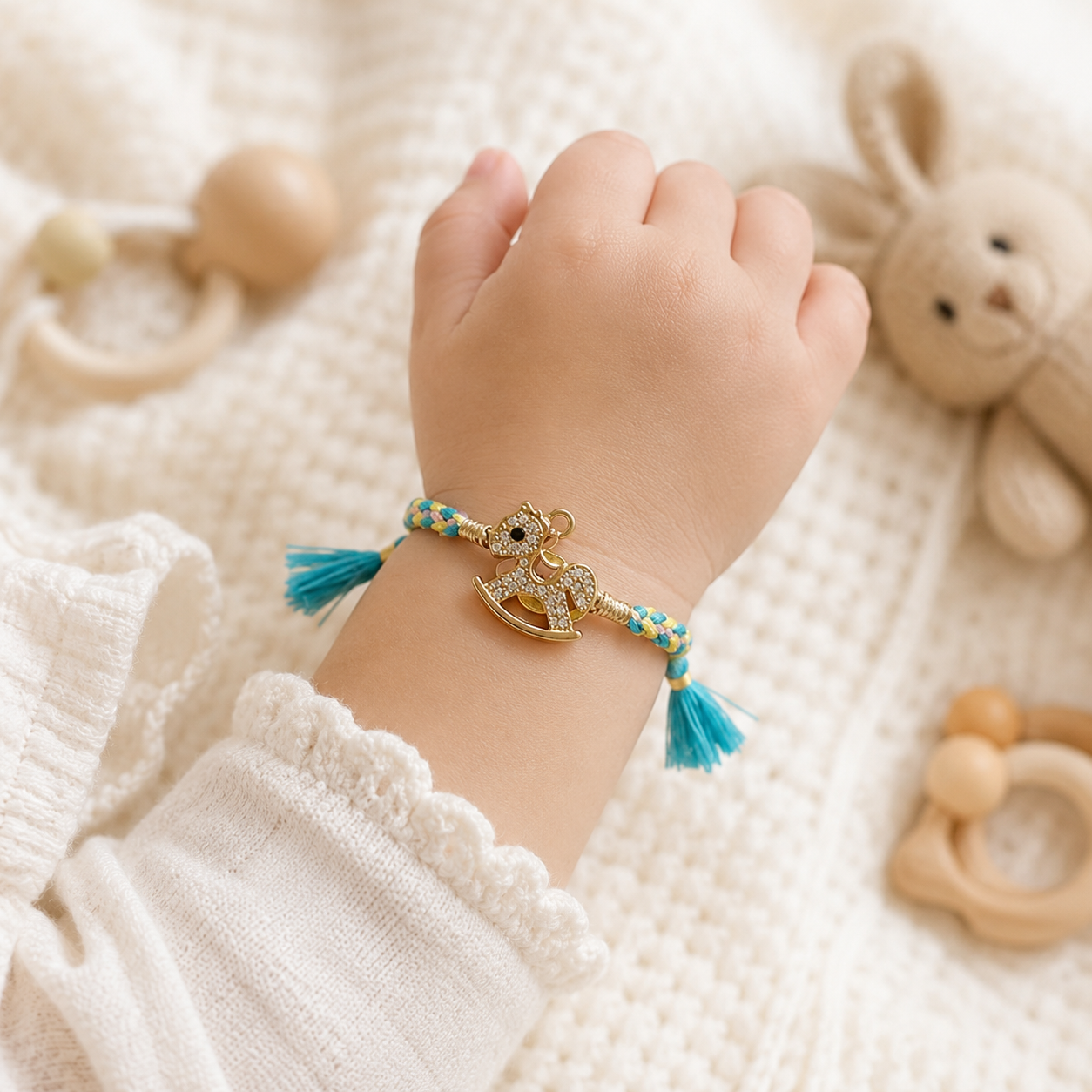 Turquoise and yellow braided baby rakhi with gold rocking horse charm and tassel ends tied on a baby’s wrist, shown on soft cream fabric with baby toys in the background.